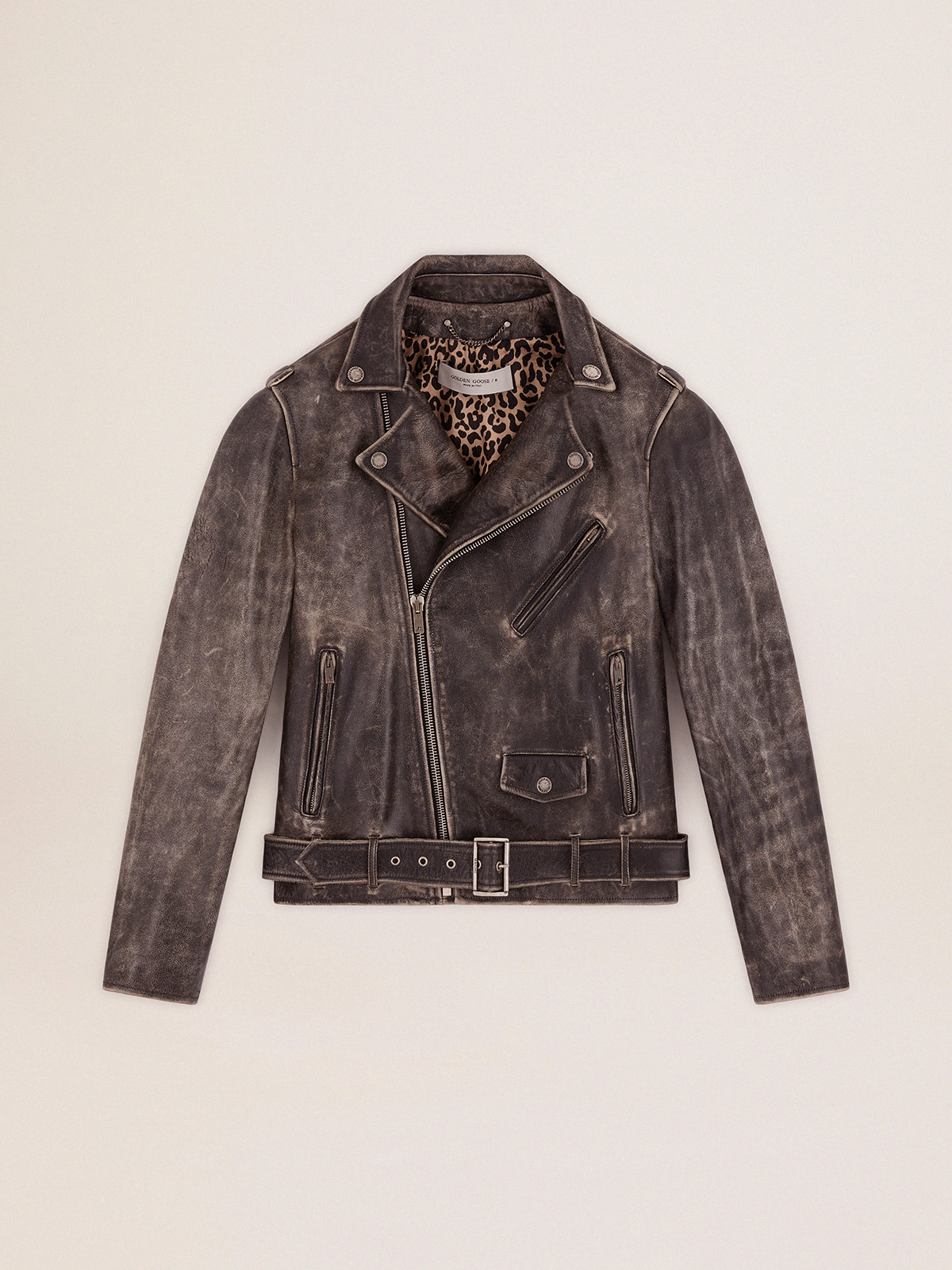 Men's black leather biker jacket| Golden Goose