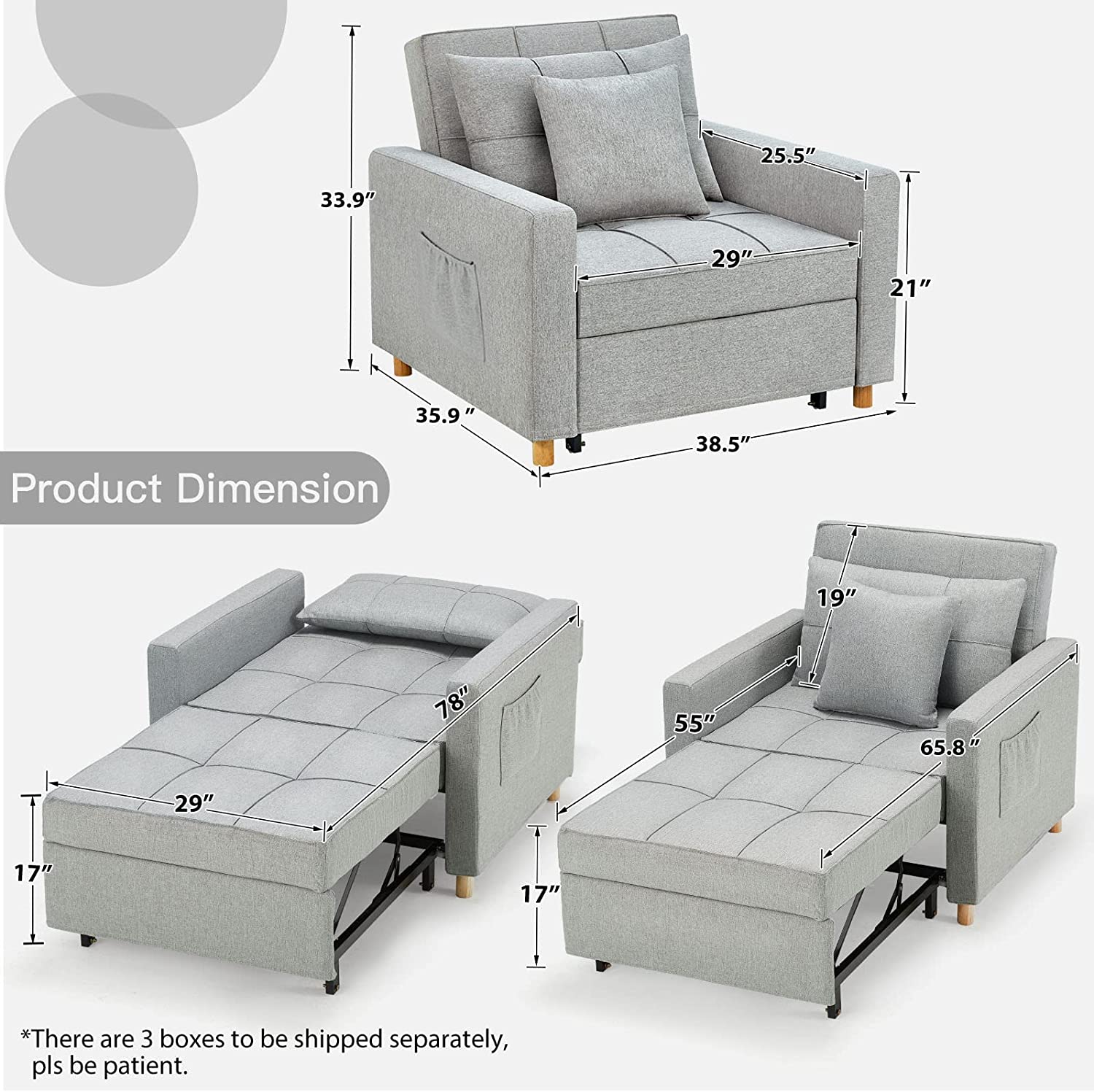 40 Inch 3-in-1 Convertible Chair Bed,Sofa Bed.