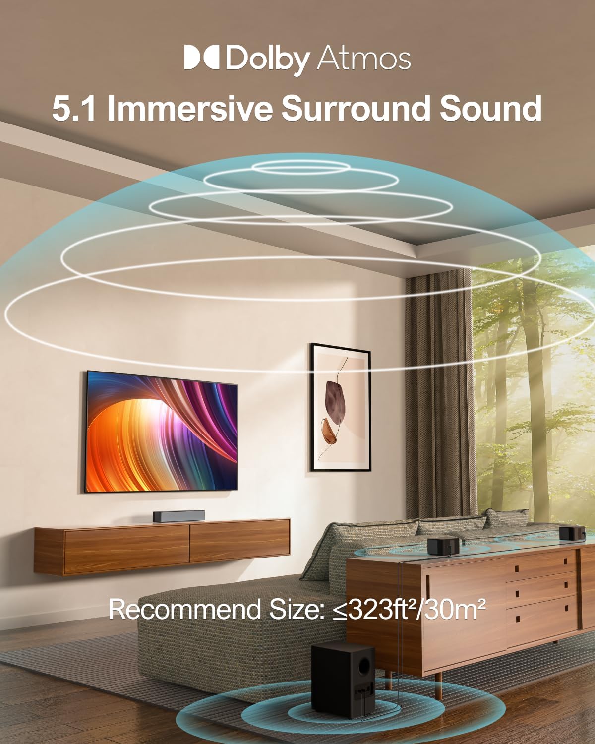 ULTIMEA 5.1 Soundbar with Dolby Atmos, 410W Surround Sound System Sound Bar for TV, Sound Bar with Wireless Subwoofer, Surround and Adjustable Bass Home Audio TV Speakers, APP Control, Poseidon D60