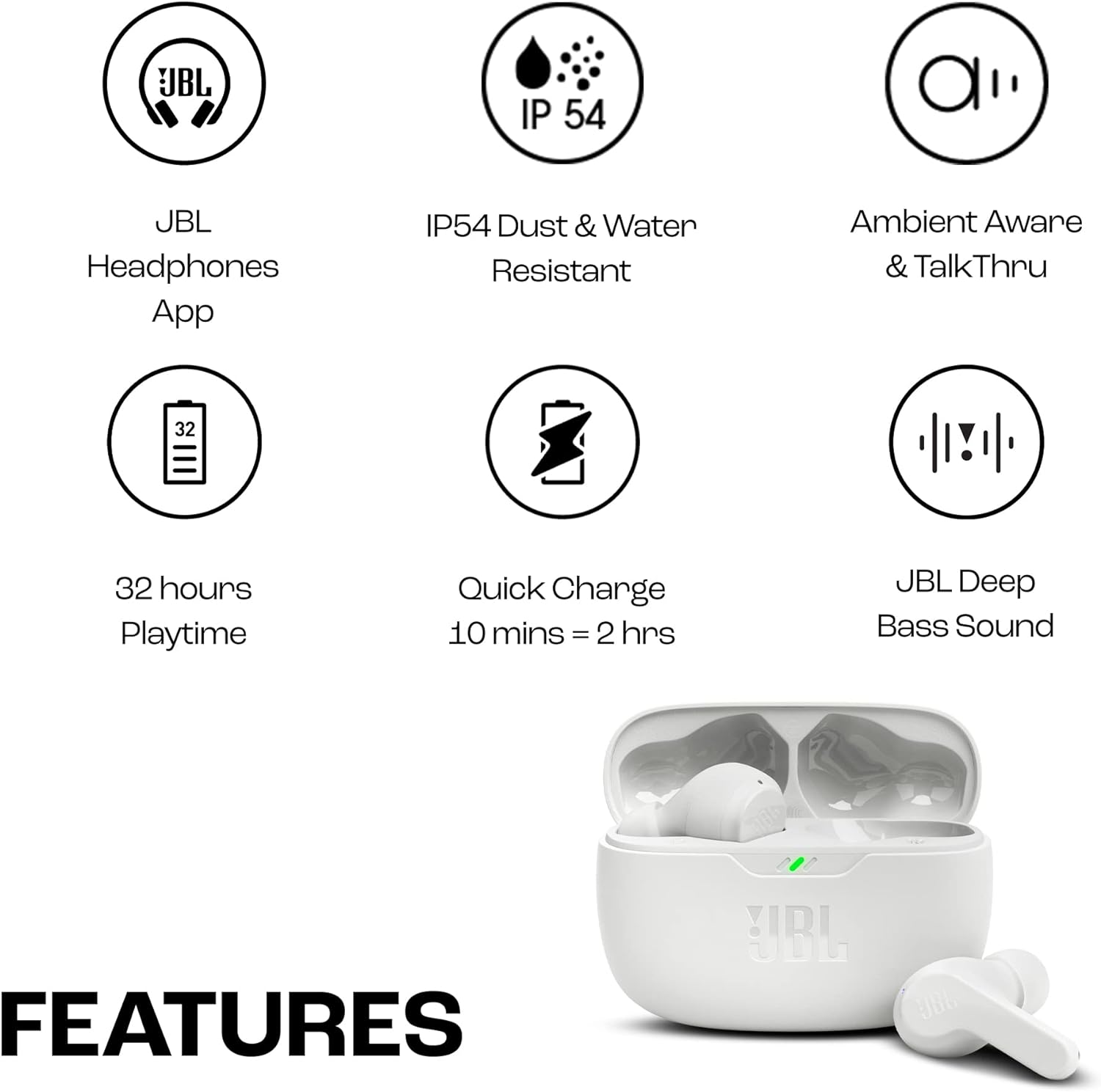 YBL Wave Beam In-Ear Wireless Earbuds with IP54 and IP2 Waterproofing, Hands-Free Calling and 32-Hour Battery Life, White