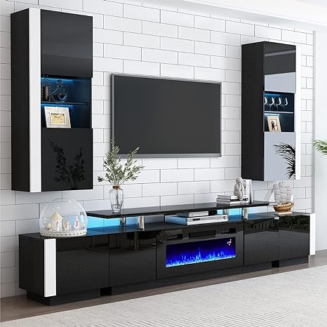 Amerlife Fireplace TV Stand with 36in Fireplace, 70in Modern High Gloss Entertainment Center LED Lights, 2 Tier Console Cabinet for TVs Up to 80in, White