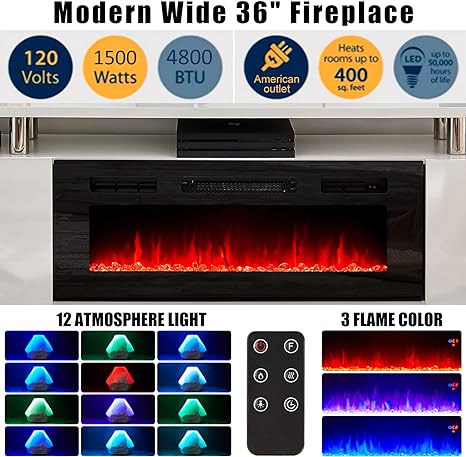 Amerlife Fireplace TV Stand with 36in Fireplace, 70in Modern High Gloss Entertainment Center LED Lights, 2 Tier Console Cabinet for TVs Up to 80in, White