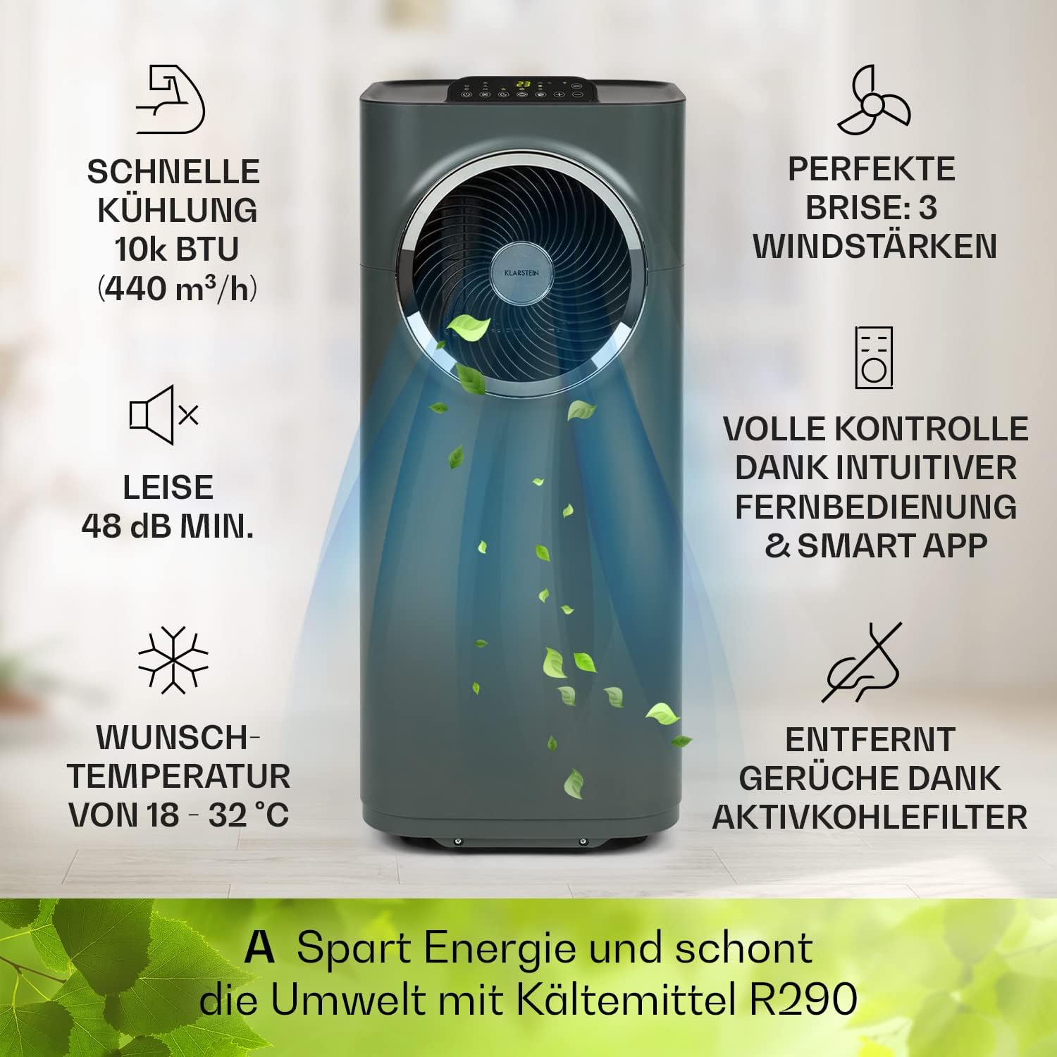 Klarstein portable air conditioner with exhaust pipe, 5-in-1 air conditioner(Dark green)