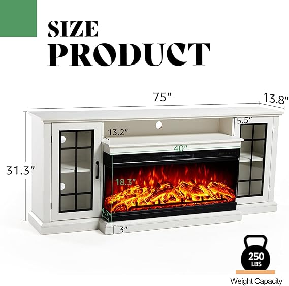 AMERLIFE 75in 3-Sided Glass Fireplace TV Stand for TVs up to 85