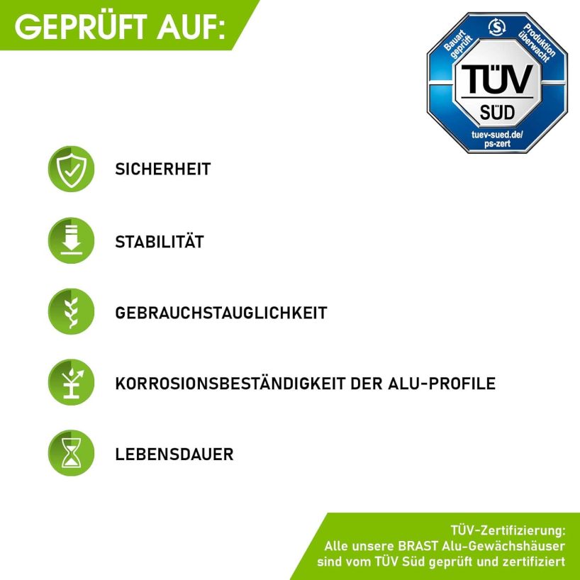 BRAST Greenhouse Aluminium with Base 310 x 190 x 195 cm TÜV Tested, 6 mm Hollow Chamber Panels, Rustproof, Weatherproof, Temperature-Resistant