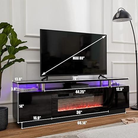 Amerlife Fireplace TV Stand with 36in Fireplace, 70in Modern High Gloss Entertainment Center LED Lights, 2 Tier Console Cabinet for TVs Up to 80in, White