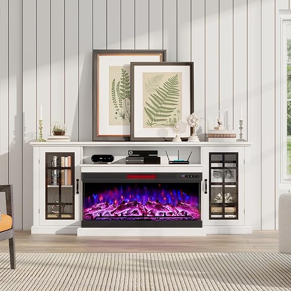 AMERLIFE 75in 3-Sided Glass Fireplace TV Stand for TVs up to 85