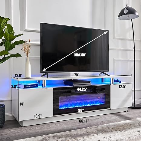 Amerlife Fireplace TV Stand with 36in Fireplace, 70in Modern High Gloss Entertainment Center LED Lights, 2 Tier Console Cabinet for TVs Up to 80in, White