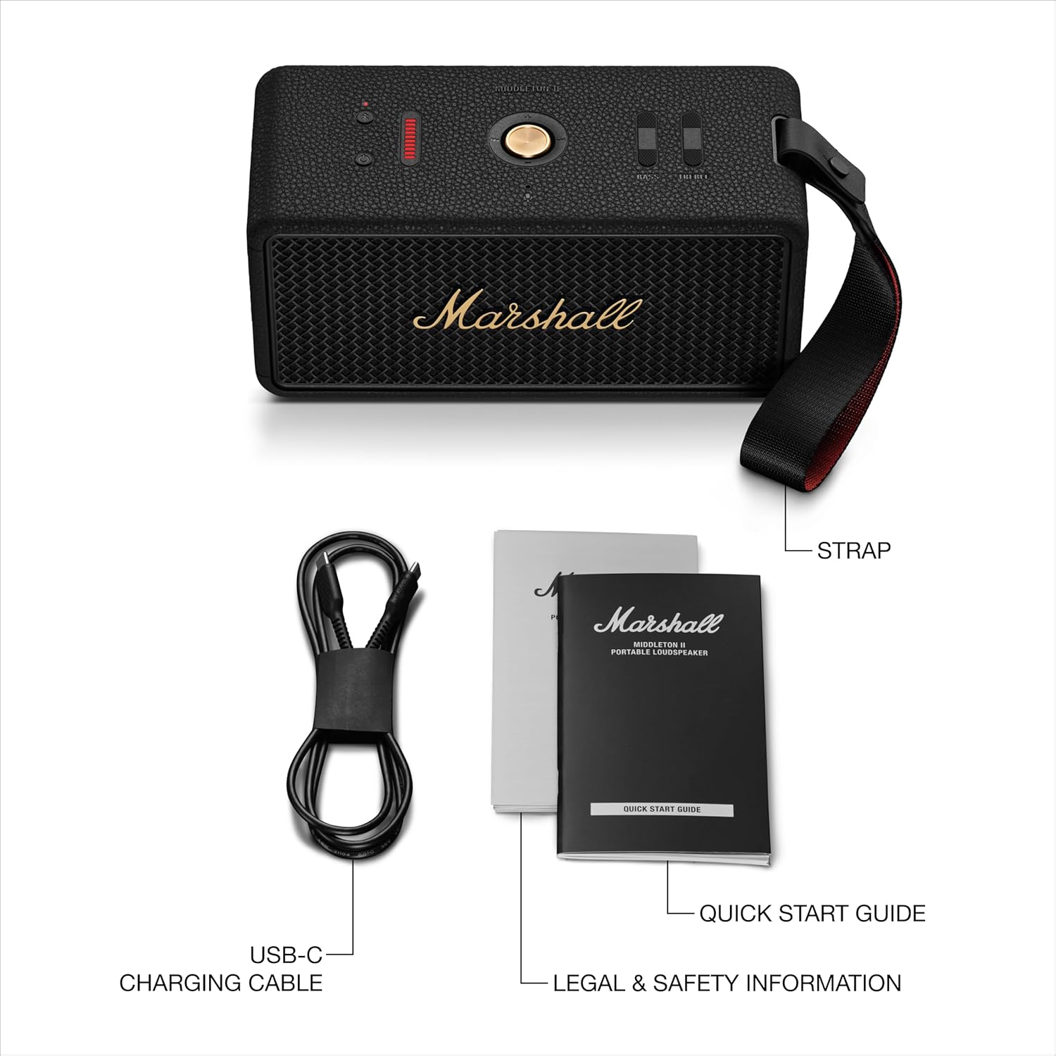 Marshall Middleton II Bluetooth Portable Speaker, 30+ hours of portable playtime, waterproof IP67 - Black & Brass