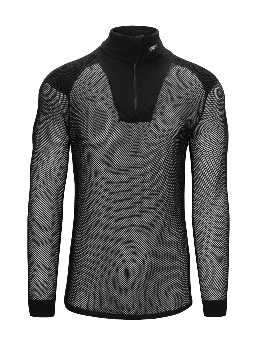 Brynje Unisex Super Thermo Zip Polo Shirt with Shoulder Inlay Black