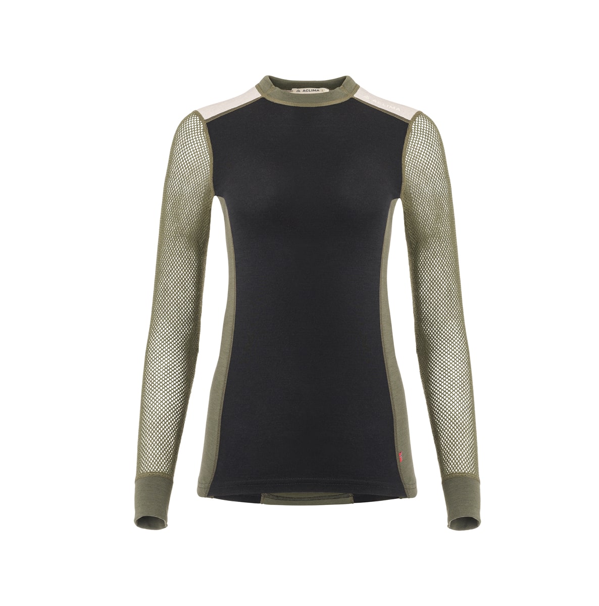 Aclima Women's WoolNet Hybrid Crew Neck Jet Black/Olive Night/Beige Melange