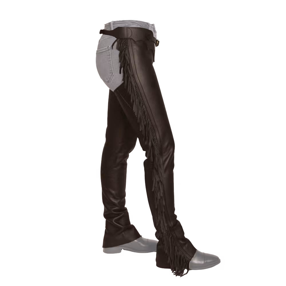 Long artificial leather Chaps with fringes brown m
