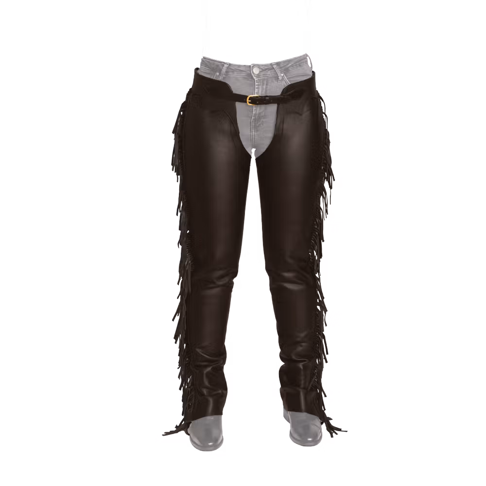 Long artificial leather Chaps with fringes brown m