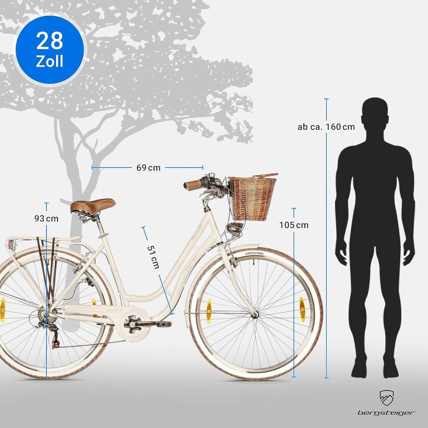 Bergsteiger Marseille 28 Inch Women's Bike, Rattan Basket, Bicycle Light, Women's City Bike, Women's Bike in Retro Design, 6 Speed Shimano Tourney Gears, Derailleur Gear