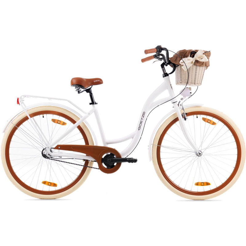 Goetze Style 28 Inch Women's City Bike, 18 Inch Aluminium Frame, Low Entry, 3-Speed Hub Gears, Coaster Brake, LED Lighting, Pannier Rack, Comfort Saddle, Rattan Basket with Fabric Insert