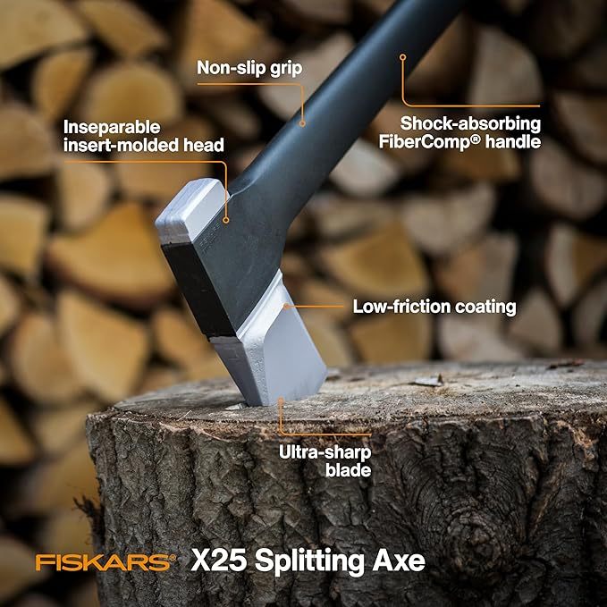 Fiskars X25 Splitting Axe, 28" Wood Splitting Axe for Medium to Large Size Logs with Shock, Absorbing Handle and Sheath