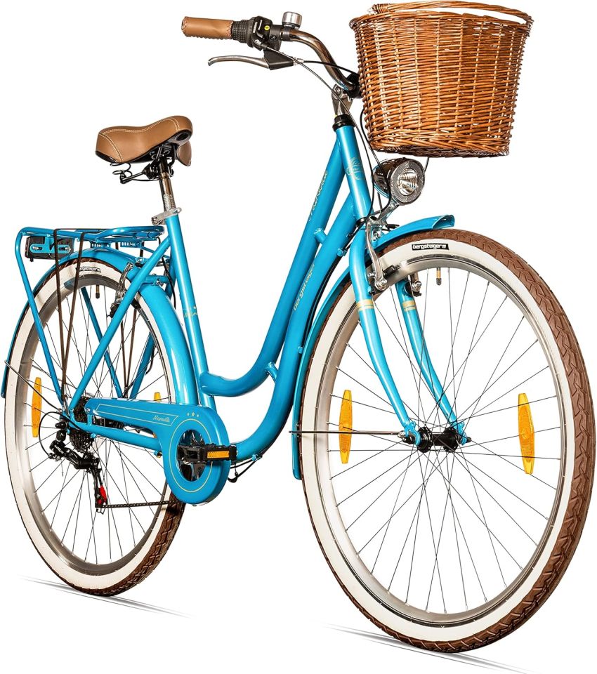 Bergsteiger Marseille 28 Inch Women's Bike, Rattan Basket, Bicycle Light, Women's City Bike, Women's Bike in Retro Design, 6 Speed Shimano Tourney Gears, Derailleur Gear