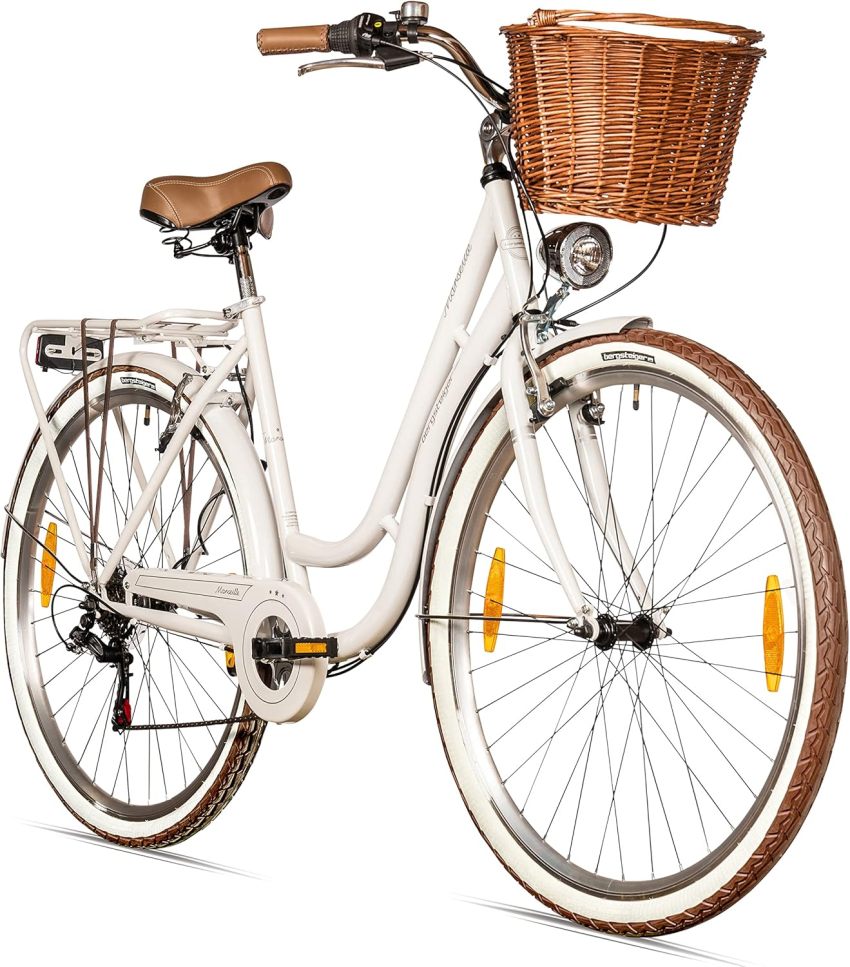 Bergsteiger Marseille 28 Inch Women's Bike, Rattan Basket, Bicycle Light, Women's City Bike, Women's Bike in Retro Design, 6 Speed Shimano Tourney Gears, Derailleur Gear