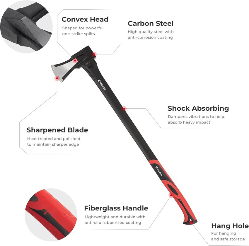 INTERTOOL 36” Splitting Axe, Wood Splitter Maul, Log Ax, Shock Absorbing Fiberglass Anti-Slip Handle with Blade Cover HT-0275