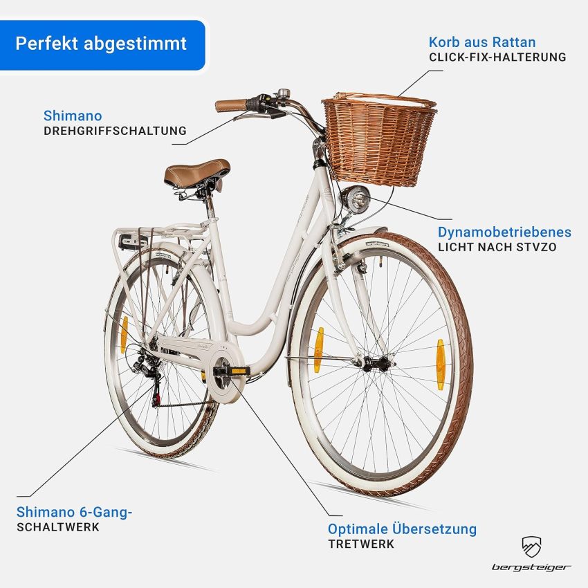 Bergsteiger Marseille 28 Inch Women's Bike, Rattan Basket, Bicycle Light, Women's City Bike, Women's Bike in Retro Design, 6 Speed Shimano Tourney Gears, Derailleur Gear