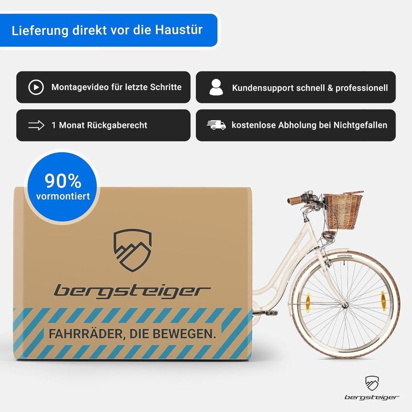 Bergsteiger Marseille 28 Inch Women's Bike, Rattan Basket, Bicycle Light, Women's City Bike, Women's Bike in Retro Design, 6 Speed Shimano Tourney Gears, Derailleur Gear