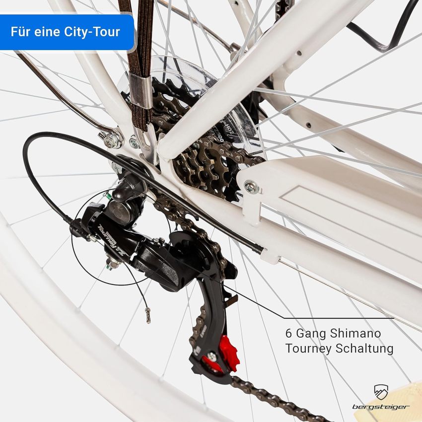 Bergsteiger Marseille 28 Inch Women's Bike, Rattan Basket, Bicycle Light, Women's City Bike, Women's Bike in Retro Design, 6 Speed Shimano Tourney Gears, Derailleur Gear