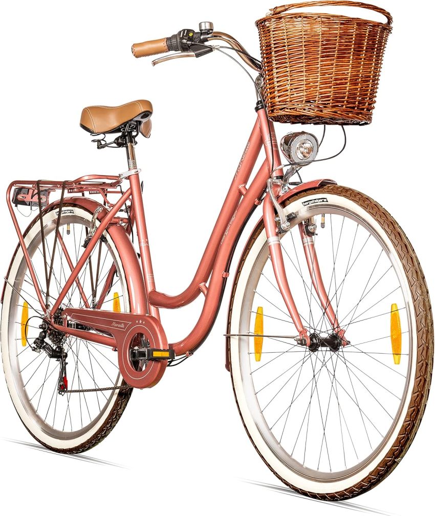 Bergsteiger Marseille 28 Inch Women's Bike, Rattan Basket, Bicycle Light, Women's City Bike, Women's Bike in Retro Design, 6 Speed Shimano Tourney Gears, Derailleur Gear