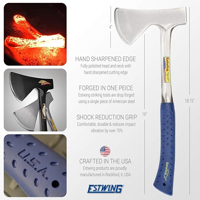 ESTWING Camper's Axe - 16" Hatchet with Forged Steel Construction & Shock Reduction Grip - E44A