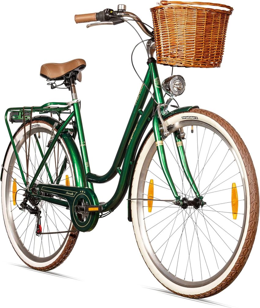 Bergsteiger Marseille 28 Inch Women's Bike, Rattan Basket, Bicycle Light, Women's City Bike, Women's Bike in Retro Design, 6 Speed Shimano Tourney Gears, Derailleur Gear