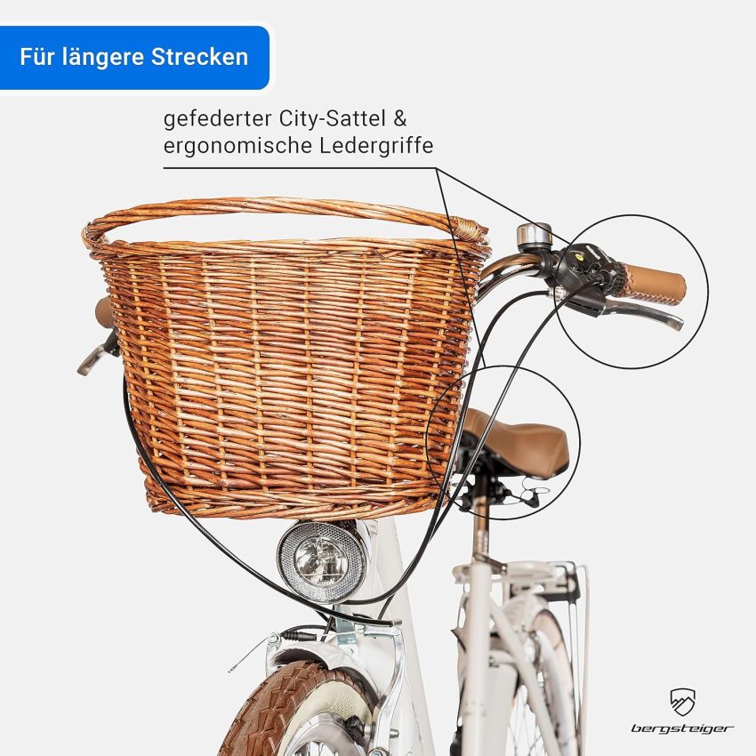 Bergsteiger Marseille 28 Inch Women's Bike, Rattan Basket, Bicycle Light, Women's City Bike, Women's Bike in Retro Design, 6 Speed Shimano Tourney Gears, Derailleur Gear