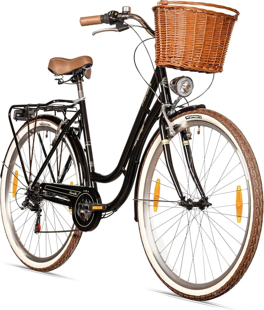Bergsteiger Marseille 28 Inch Women's Bike, Rattan Basket, Bicycle Light, Women's City Bike, Women's Bike in Retro Design, 6 Speed Shimano Tourney Gears, Derailleur Gear
