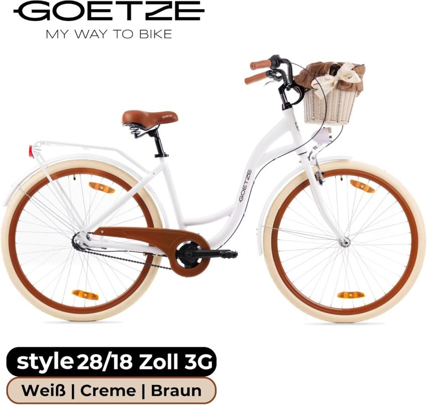 Goetze Style 28 Inch Women's City Bike, 18 Inch Aluminium Frame, Low Entry, 3-Speed Hub Gears, Coaster Brake, LED Lighting, Pannier Rack, Comfort Saddle, Rattan Basket with Fabric Insert