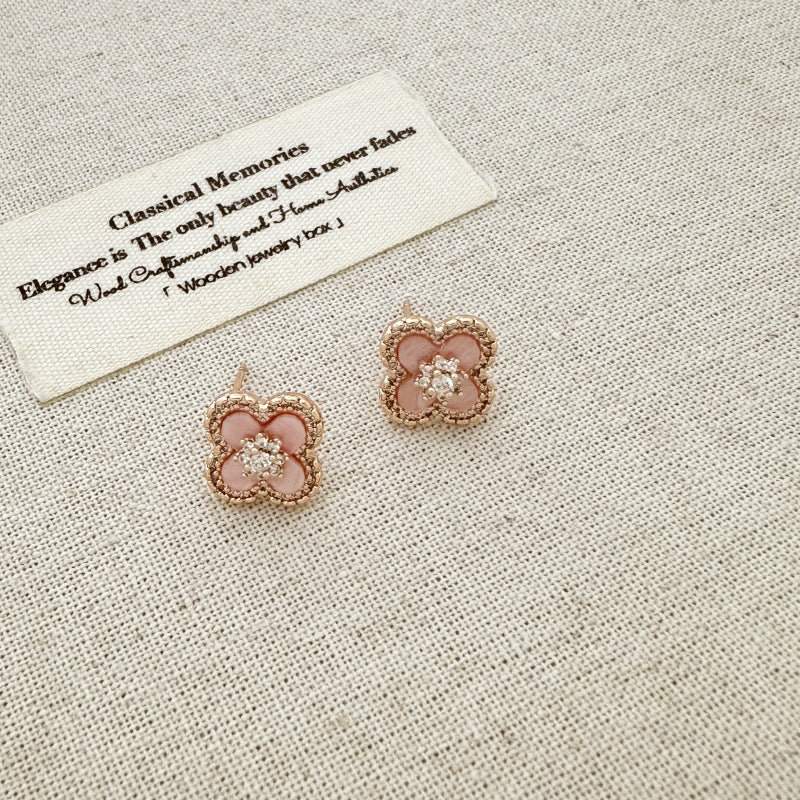 Pink clover flowers with zircon rose gold earrings necklace bracelet ring set