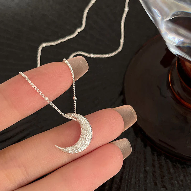 S925 Sterling Silver Texture Lava Moon Necklace