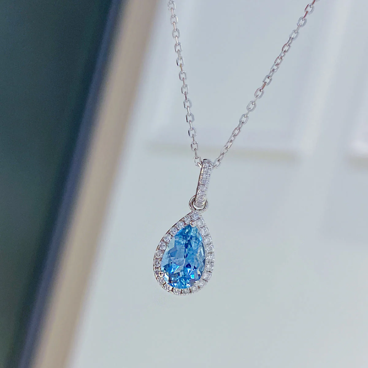S925 sterling silver sea blue pendant drop necklace