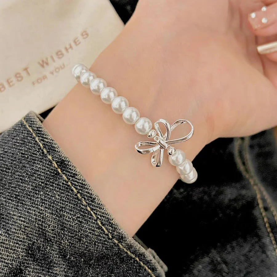 S925 Sterling Silver Bow Pearl Bracelet necklace ring