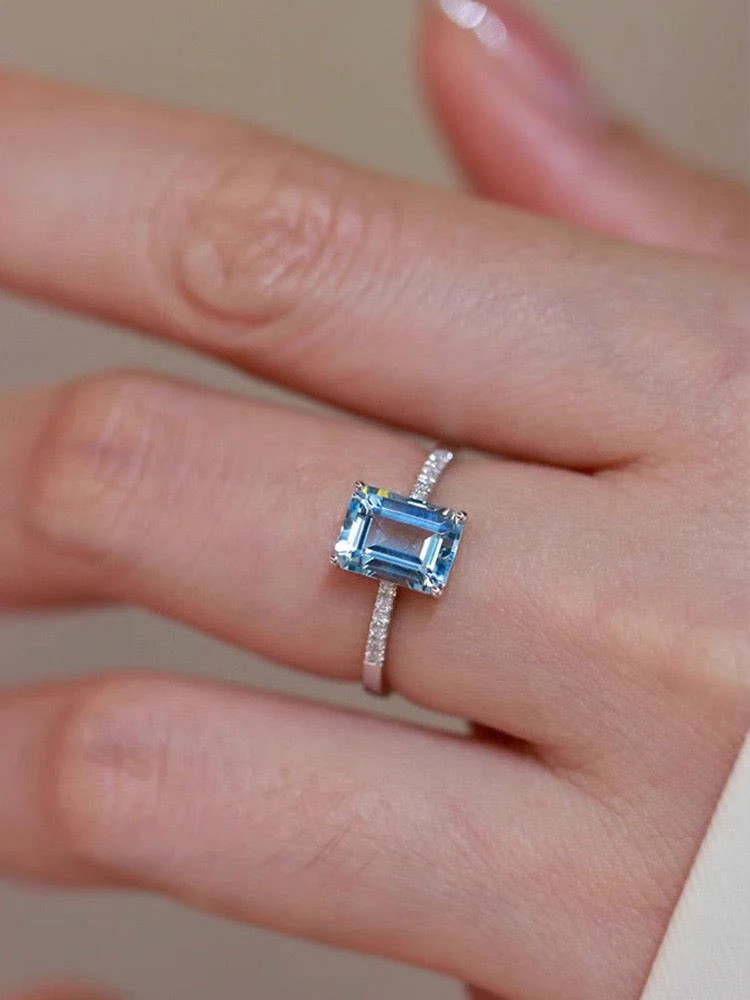 S925 sterling silver square sugar zircon ring in navy blue