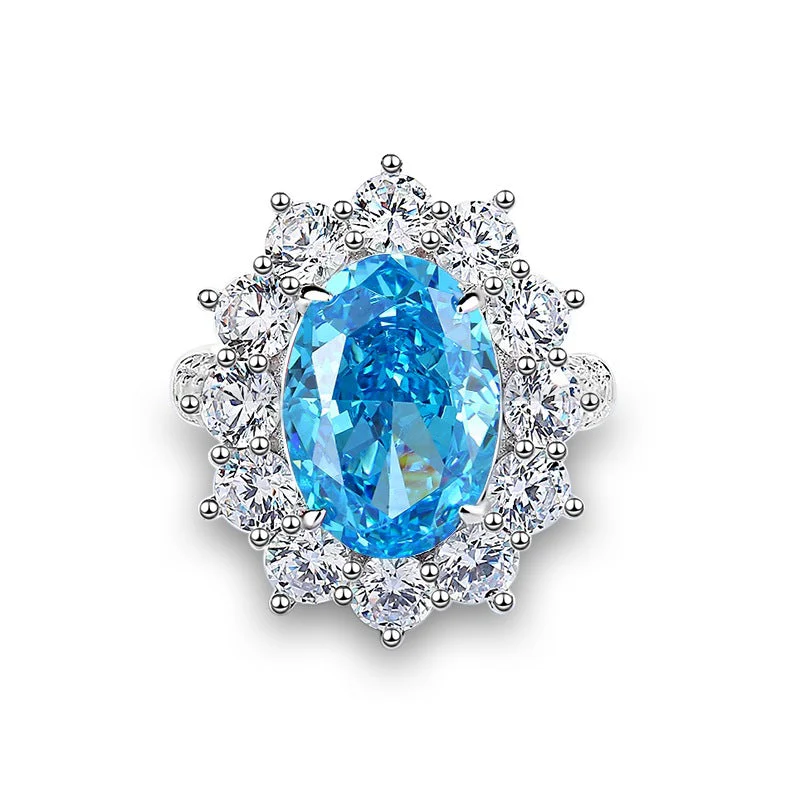 S925 Silver High Carbon Diamond Aquamarine 8A Zircon Reddean gem ring