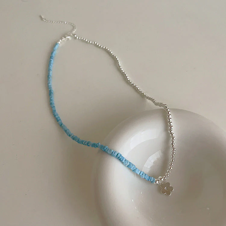 Blue natural stone metal flower necklace