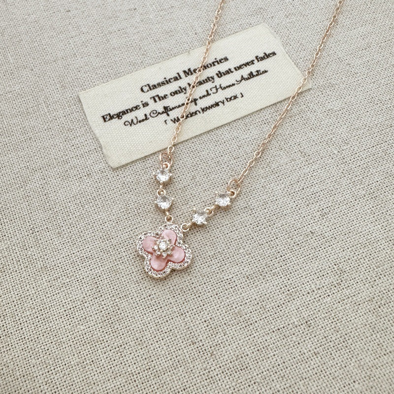 Pink clover flowers with zircon rose gold earrings necklace bracelet ring set