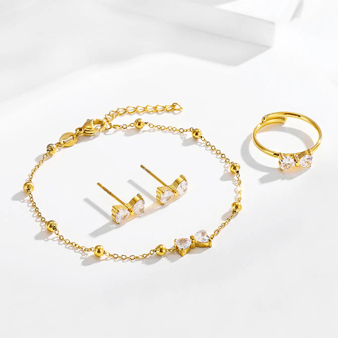 Stainless steel bow zircon bracelet earrings ring set of three