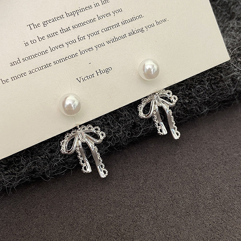 Bow openwork lace thick silver beaded pendant necklace  earrings set