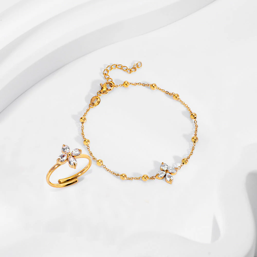 Zircon titanium steel colorfast bracelet necklace ring earrings jewelry set