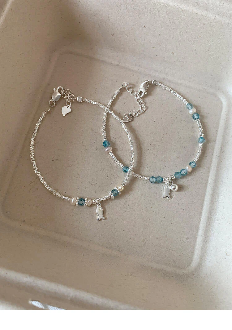 S925 sterling silver blue crystal fish freshwater pearl silver bracelet