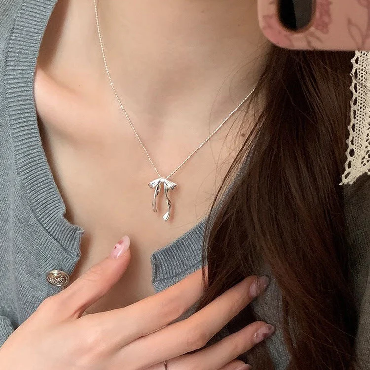 S925 Sterling Silver Ribbon Bow Necklace