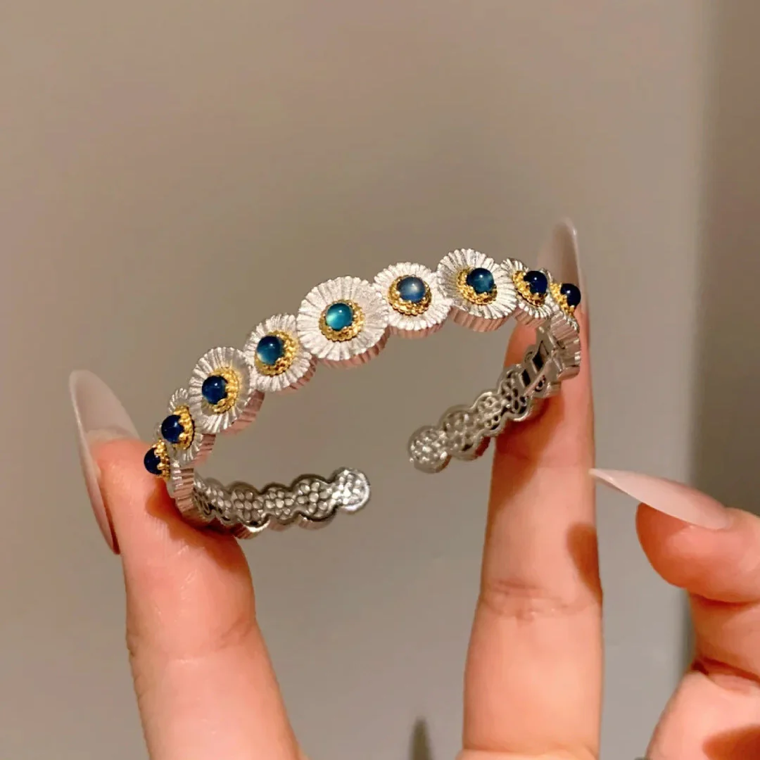 Blue chalcedony daisy bracelet ring set