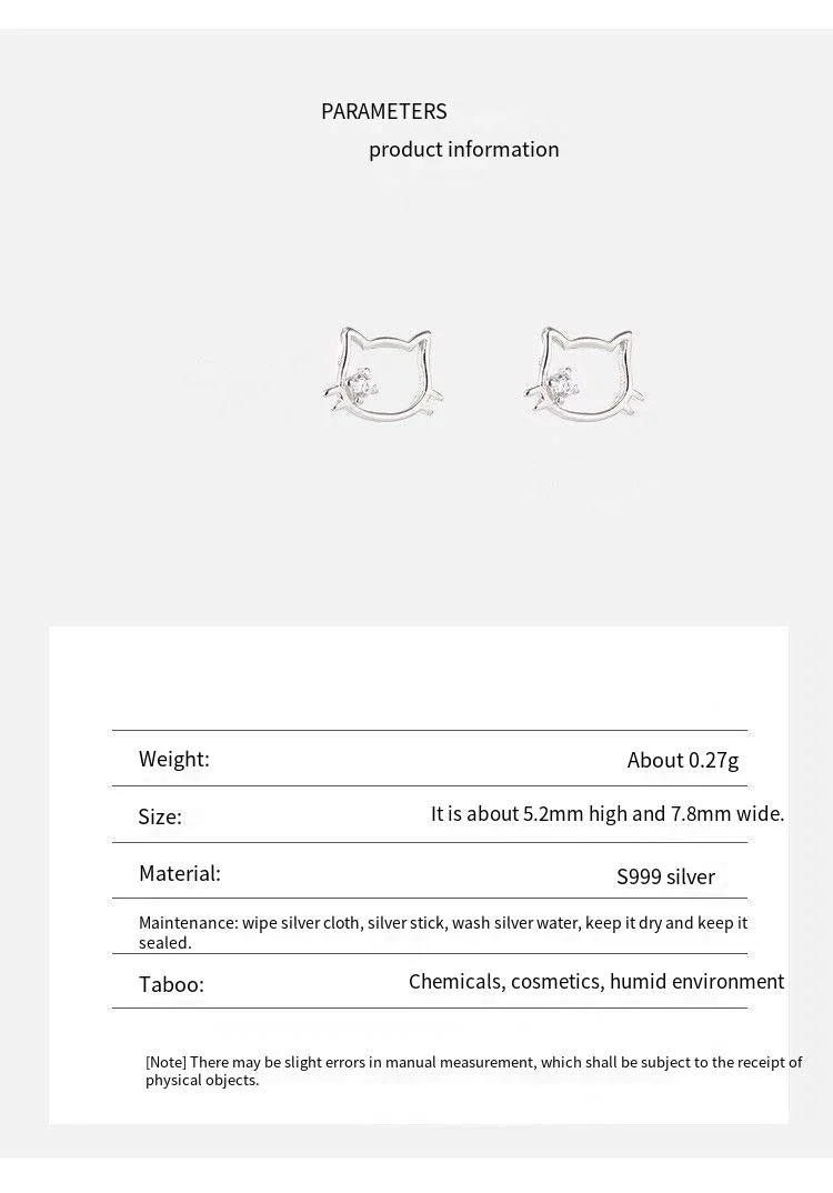 S999 sterling silver hollow cat ear nail earrings