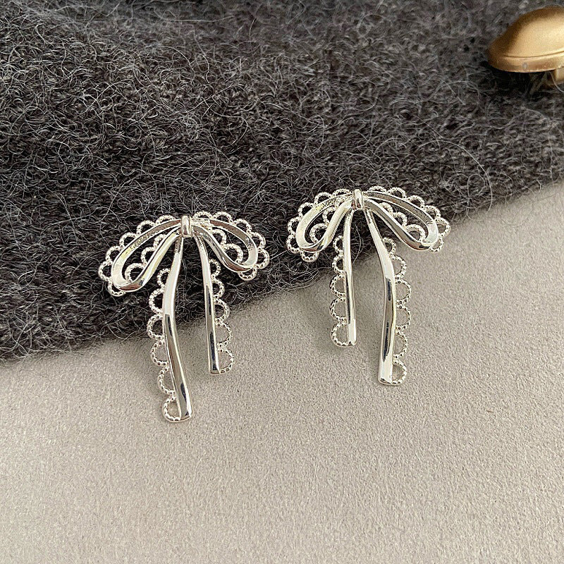 Bow openwork lace thick silver beaded pendant necklace  earrings set