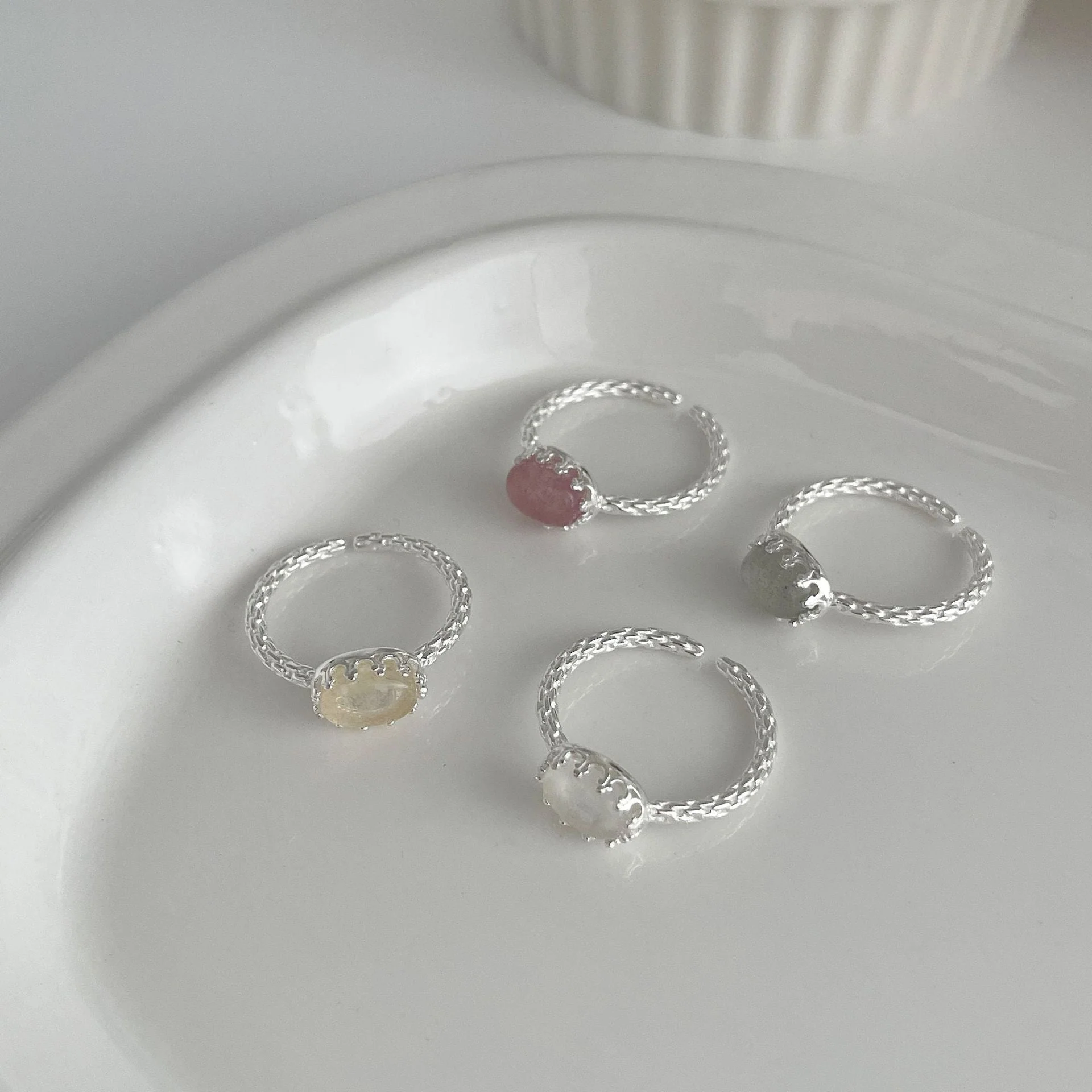 S925 Silver Geometric Oval Crystal Ore Ring