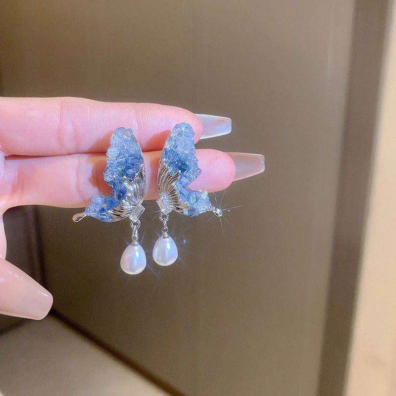 Silver needle gradient blue butterfly flower earrings